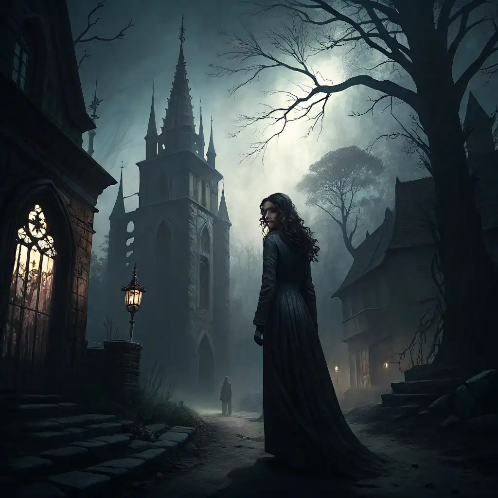 Dark Gothic style with eerie shadows, gothic architecture, and haunting atmosphere