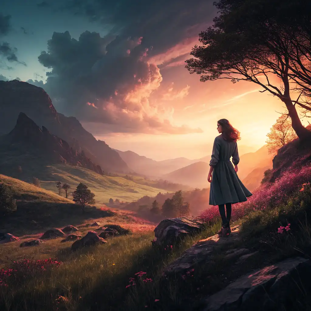 Romanticism style with dramatic lighting, emotional scenes, and vivid colors