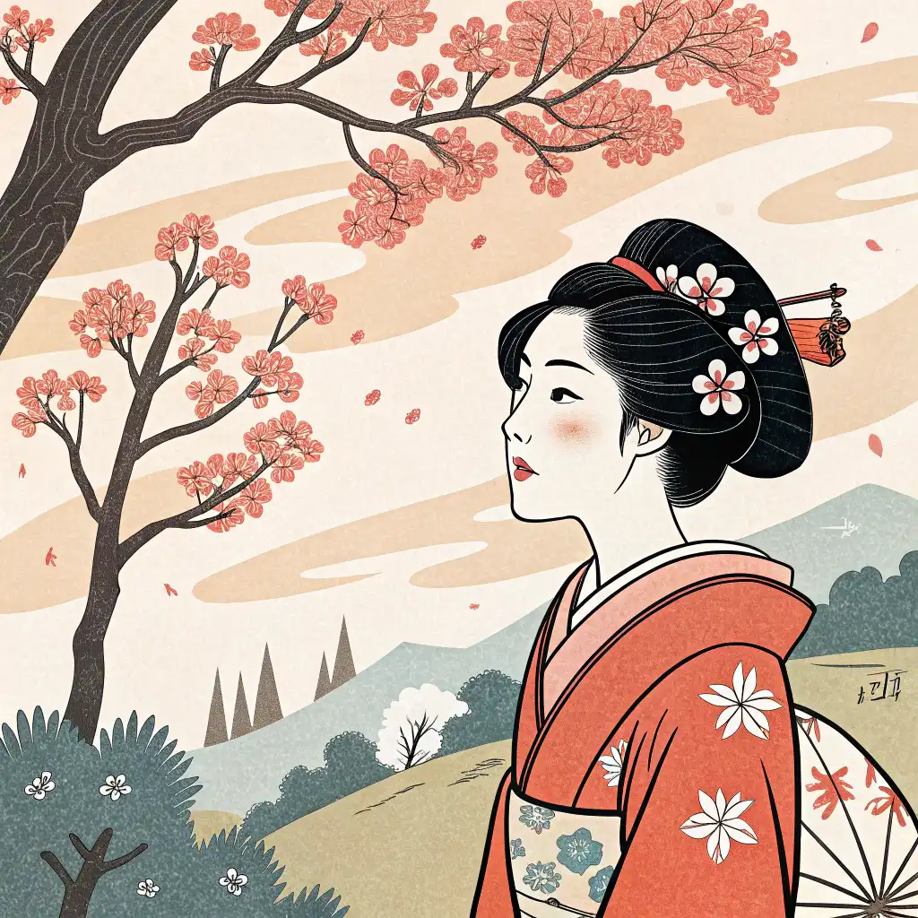 Ukiyo-e style with traditional Japanese art, bold outlines, and natural themes
