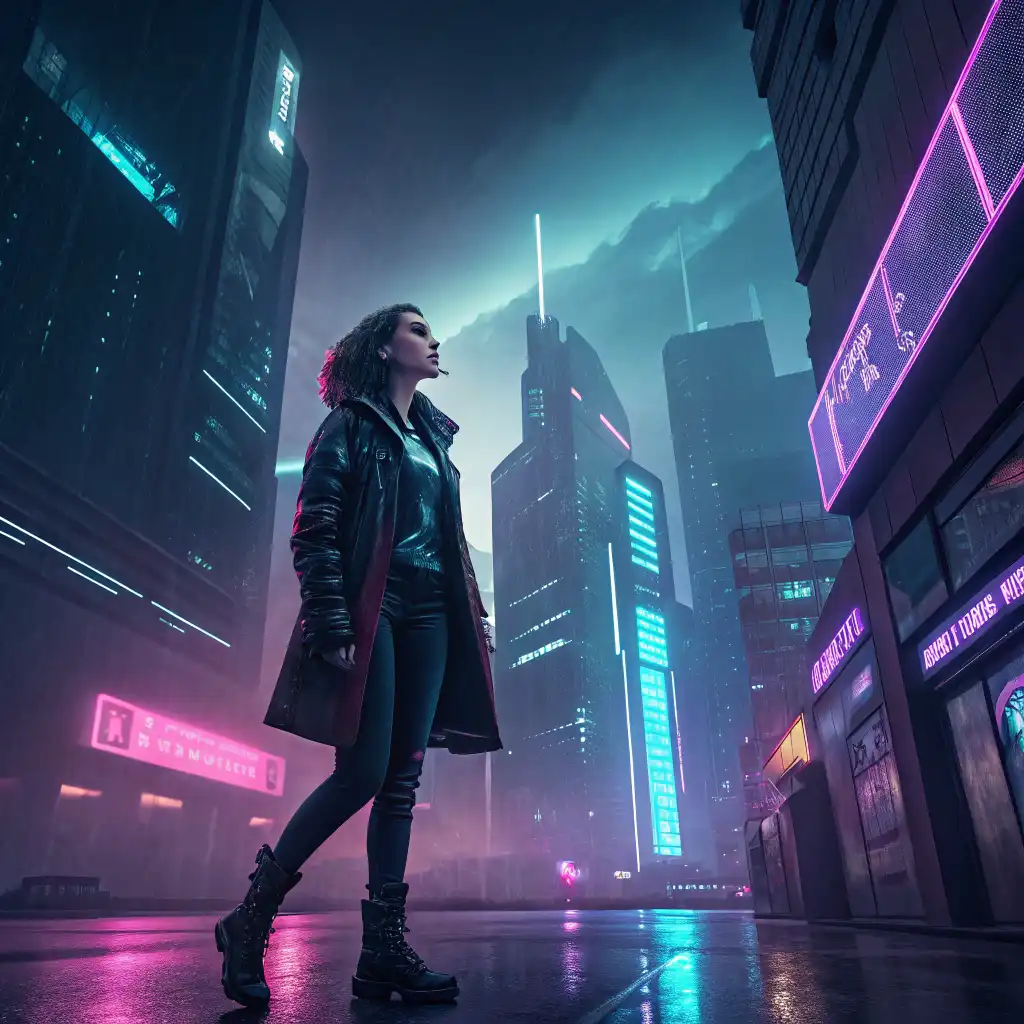 Cyberpunk style with neon lights, futuristic cityscape, and dystopian atmosphere