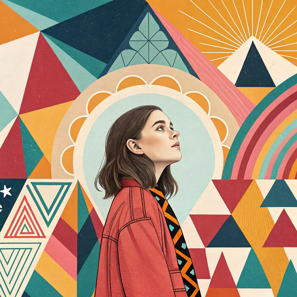 Abstract art style with geometric shapes, bold colors, and surreal compositions