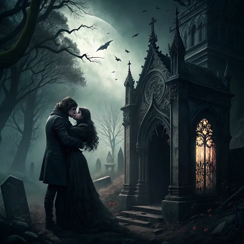 Dark Gothic style with eerie shadows, gothic architecture, and haunting atmosphere