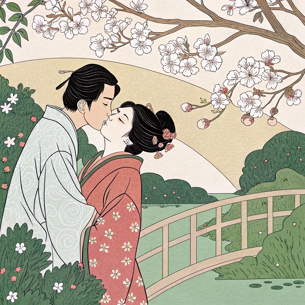 Ukiyo-e style with traditional Japanese art, bold outlines, and natural themes