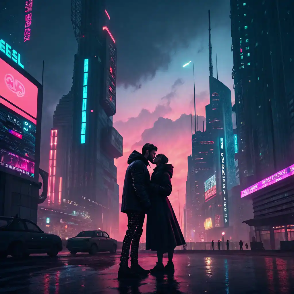 Cyberpunk style with neon lights, futuristic cityscape, and dystopian atmosphere