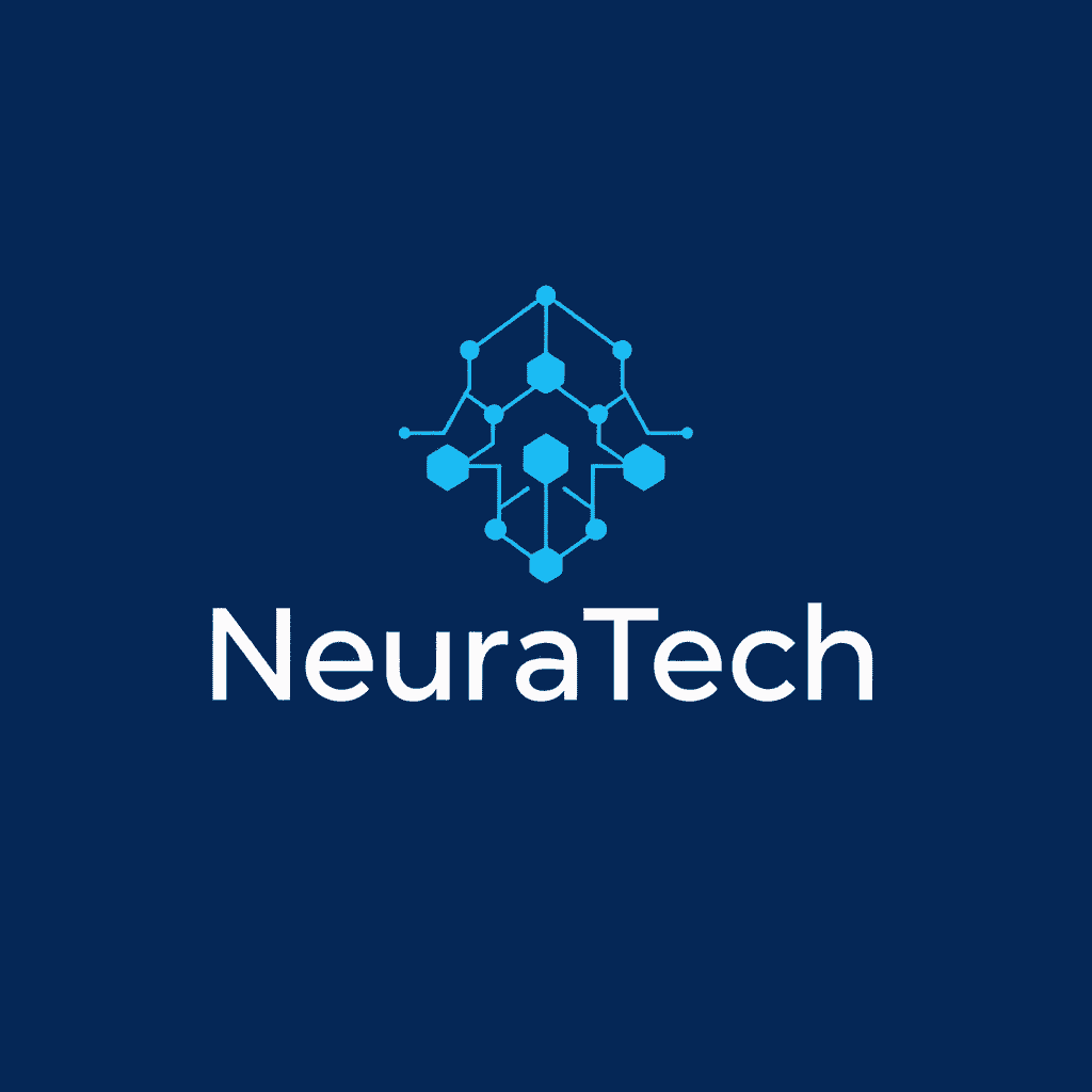 AI generated modern tech company logo with neural network pattern in blue, showcasing NeuraTech brand identity created by VividGen AI